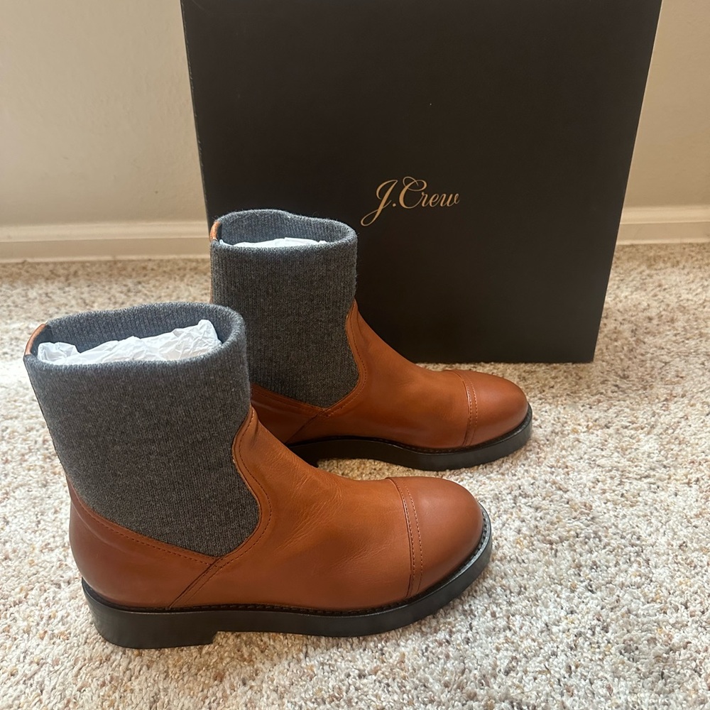NIB J. Crew Tan Leather Boots with Gray Cuff